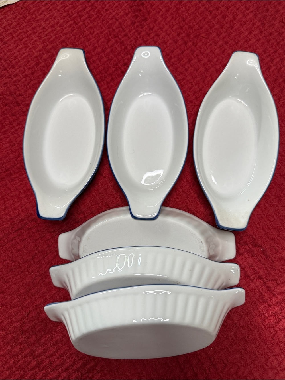 Banko Ware Japan Ceramic Au Gratin Baking Dishes White Blue Rim vintage Set of 6